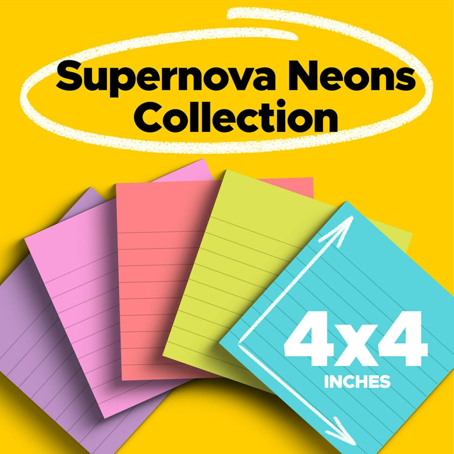 Post-it Super Sticky Notes, 4x4 in, 6 Pads, 2X The Sticking Power, Supernova Neons, Bright Colors