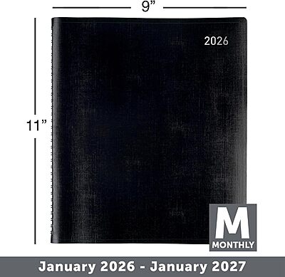 Office Depot Brand Monthly Planner, 9" x 11", Black, January 2026 to January 2027, OD71060026
