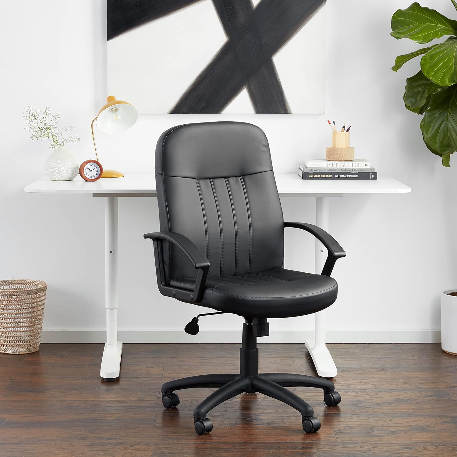 Boss Office Products Ergonomic Mid-Back Leather Chair, Black