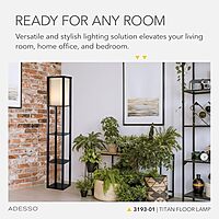 Adesso Square Floor Lamp with 3-Tier Open Shelves, Black Base, Fabric Shade, 72” T x 10.5” W, Extended Length Cord, Enhances Room Decor and Home Lighting