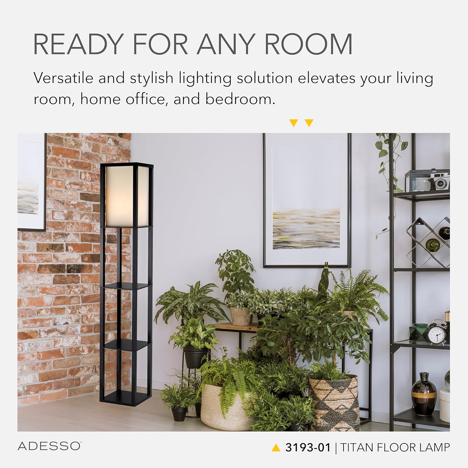 Adesso Square Floor Lamp with 3-Tier Open Shelves, Black Base, Fabric Shade, 72” T x 10.5” W, Extended Length Cord