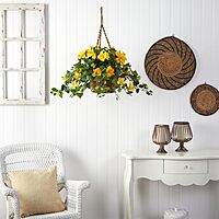 Nearly Natural Hibiscus 22inH Artificial Plant With Hanging Basket, 22inH x 28inW x 24inD, Yellow