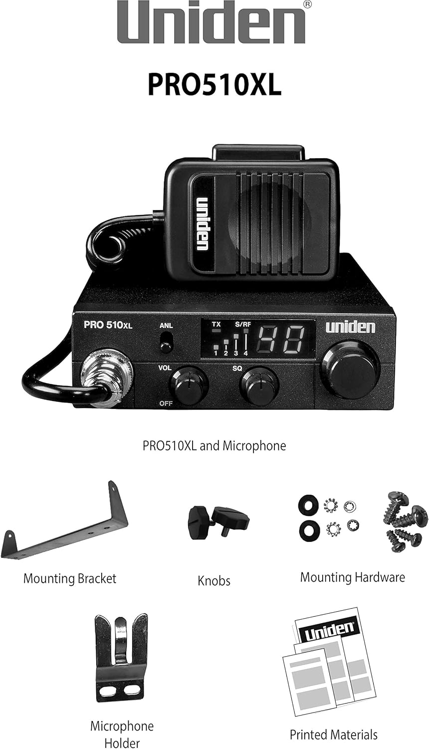 Uniden PRO510XL Pro Series 40-Channel CB Radio. Compact Design. Backlit LCD Display. Public Address. ANL Switch and 7 Watts
