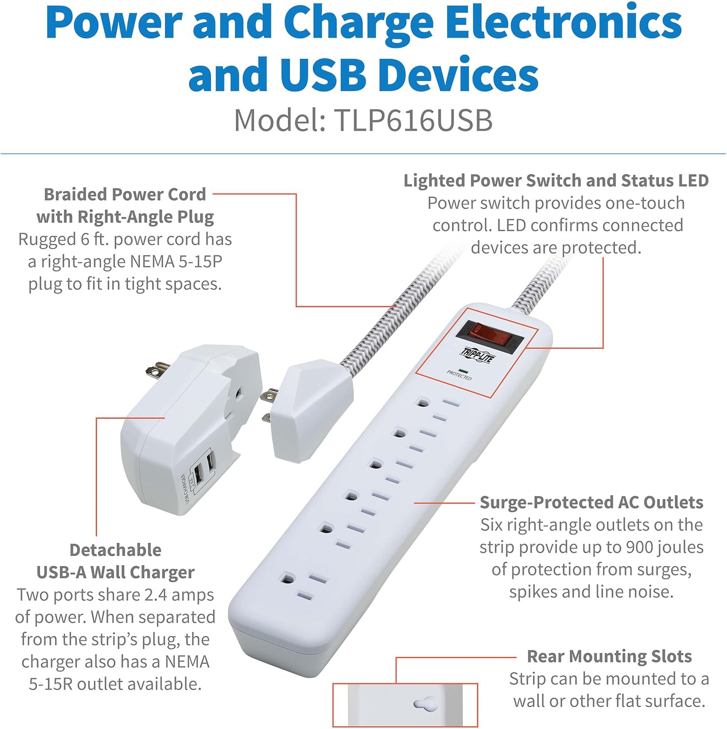 Tripp Lite Surge Protector Power Strip 7-Outlet with 2 USB Ports 6ft Cord White (TLP616USB)