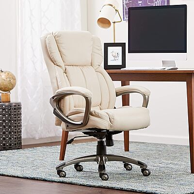 Serta Executive Office Chair, Adjustable Ergonomic Computer Chair with Layered Body Pillows, Waterfall Seat Edge, Bonded Leather, Ivory White