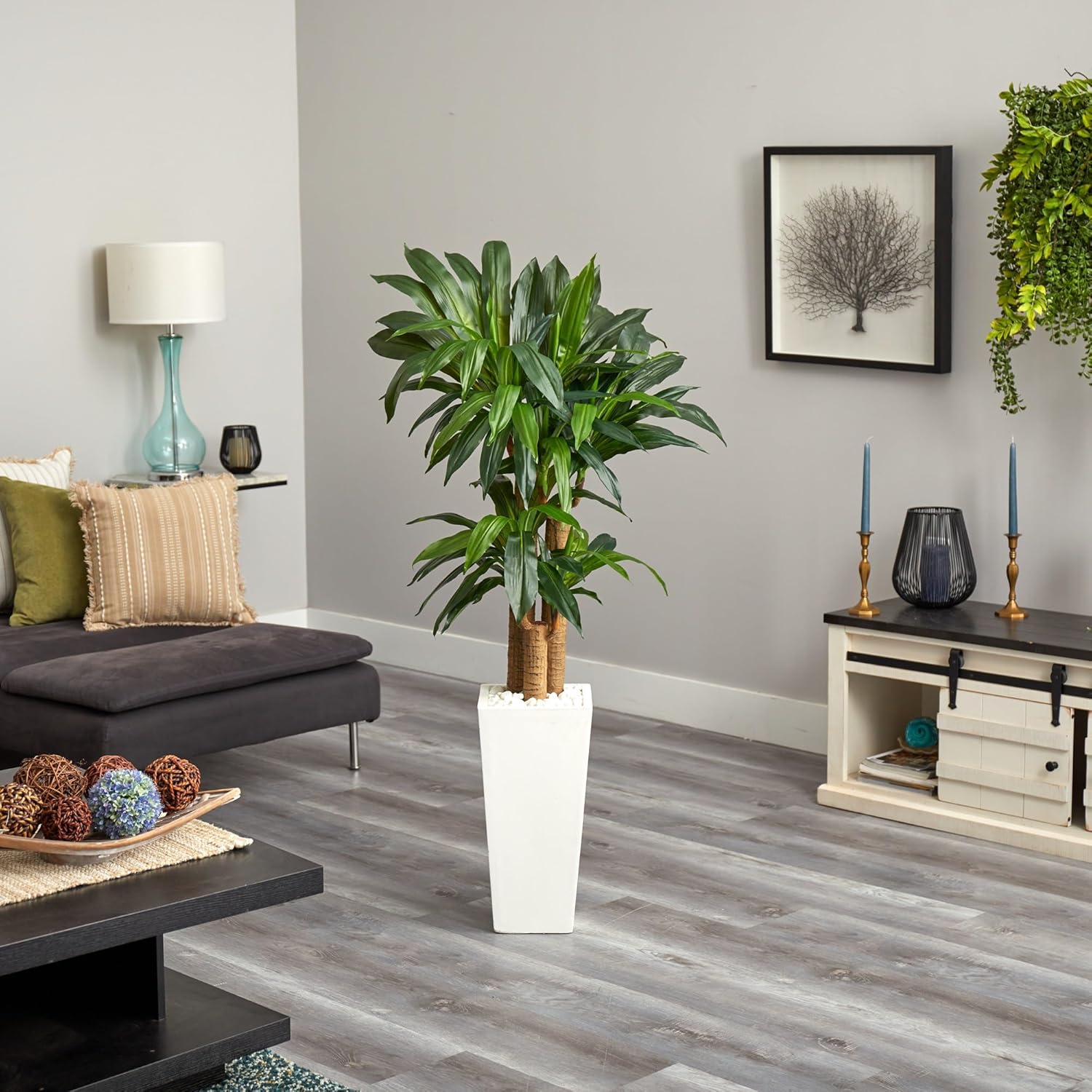 Nearly Natural Cornstalk Dracaena 60in Artificial Plant With Tower Planter, Green/White