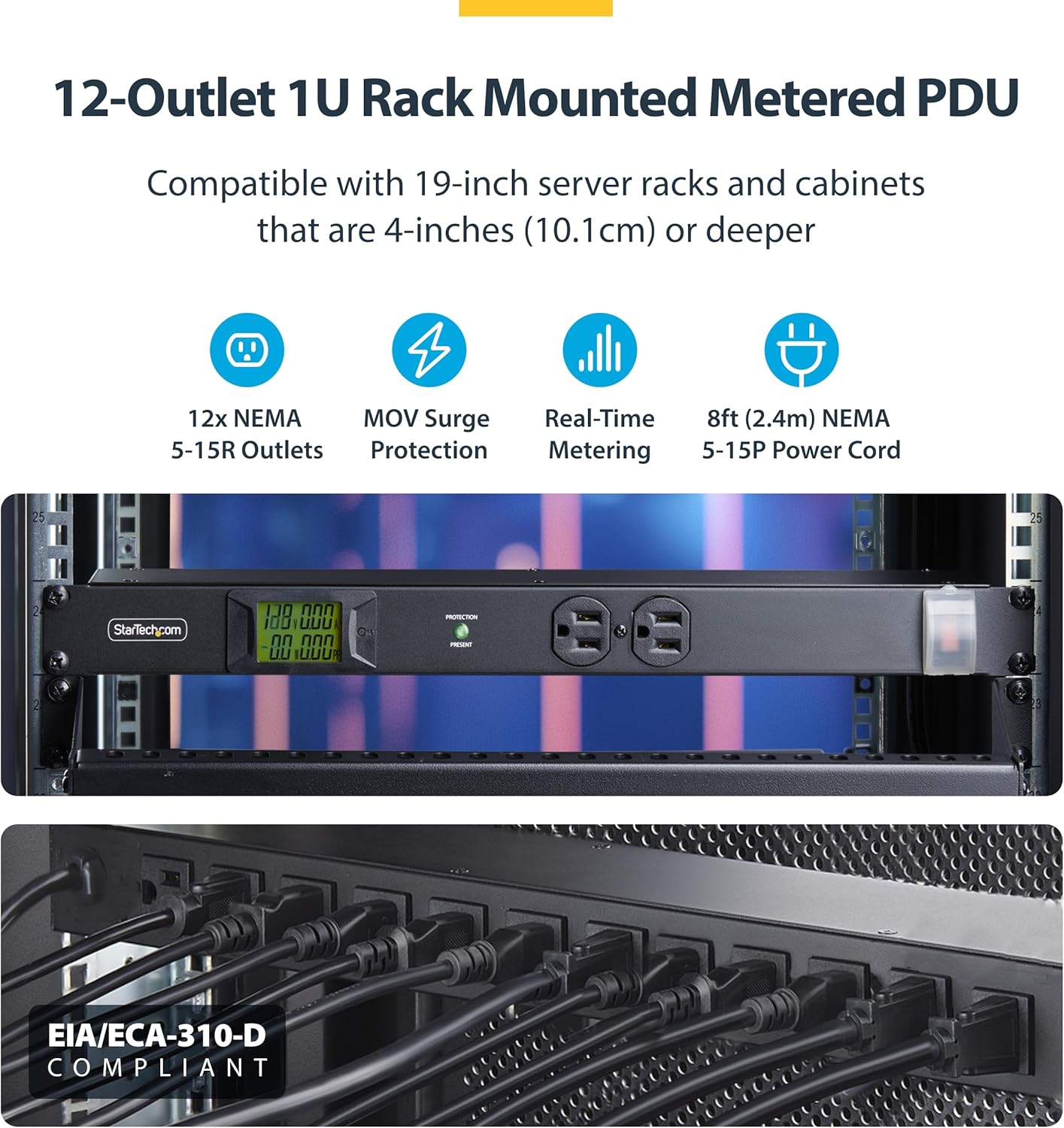 StarTech.com 1U Horizontal Rack Mount Metered PDU Server Power Strip with Surge Protector