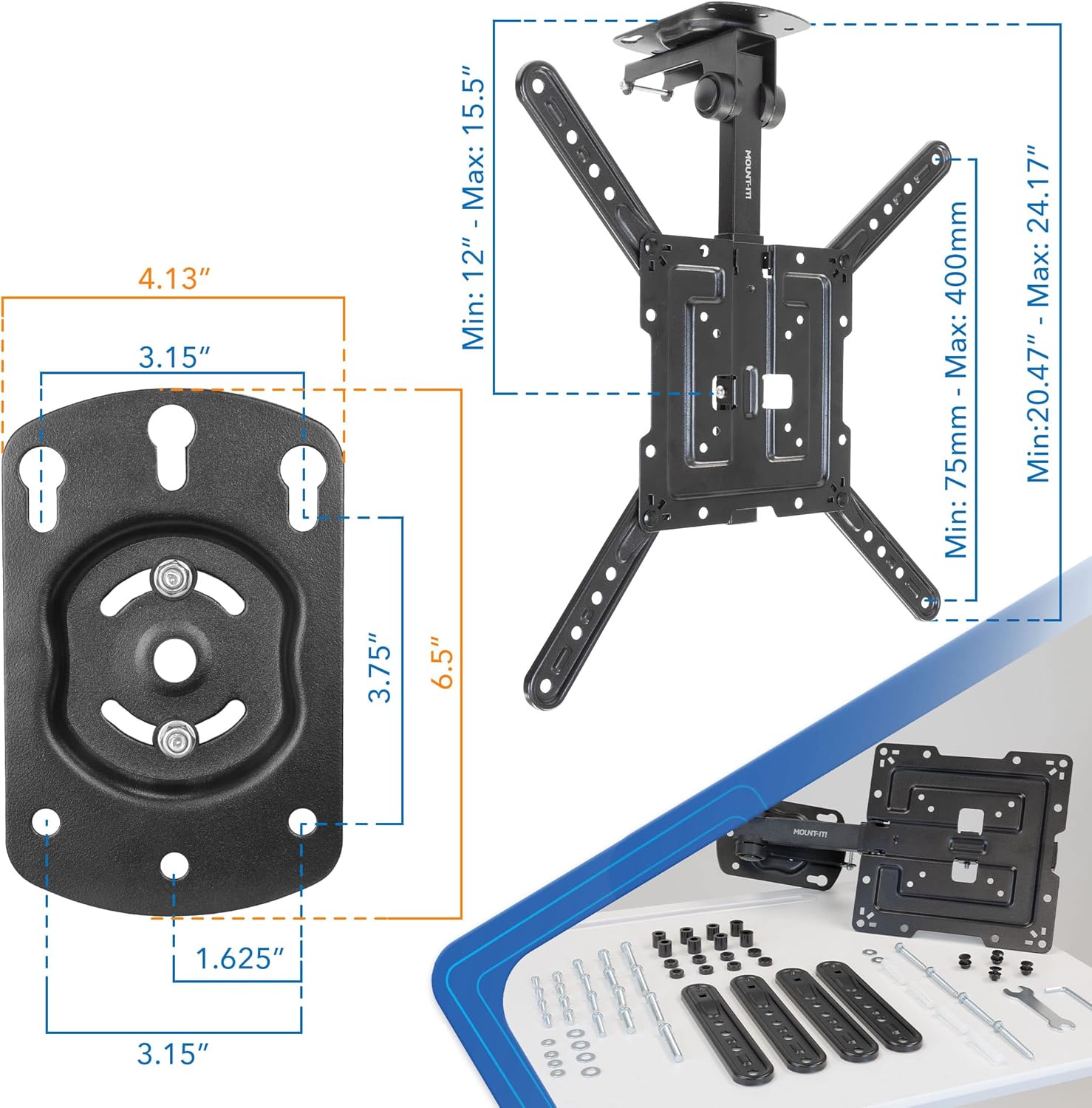 Mount-It! Flip Down TV Mount | Folding Ceiling TV Mount for 23 to 55 Inch | Heavy-Duty Bracket for Roof and Slanted Walls