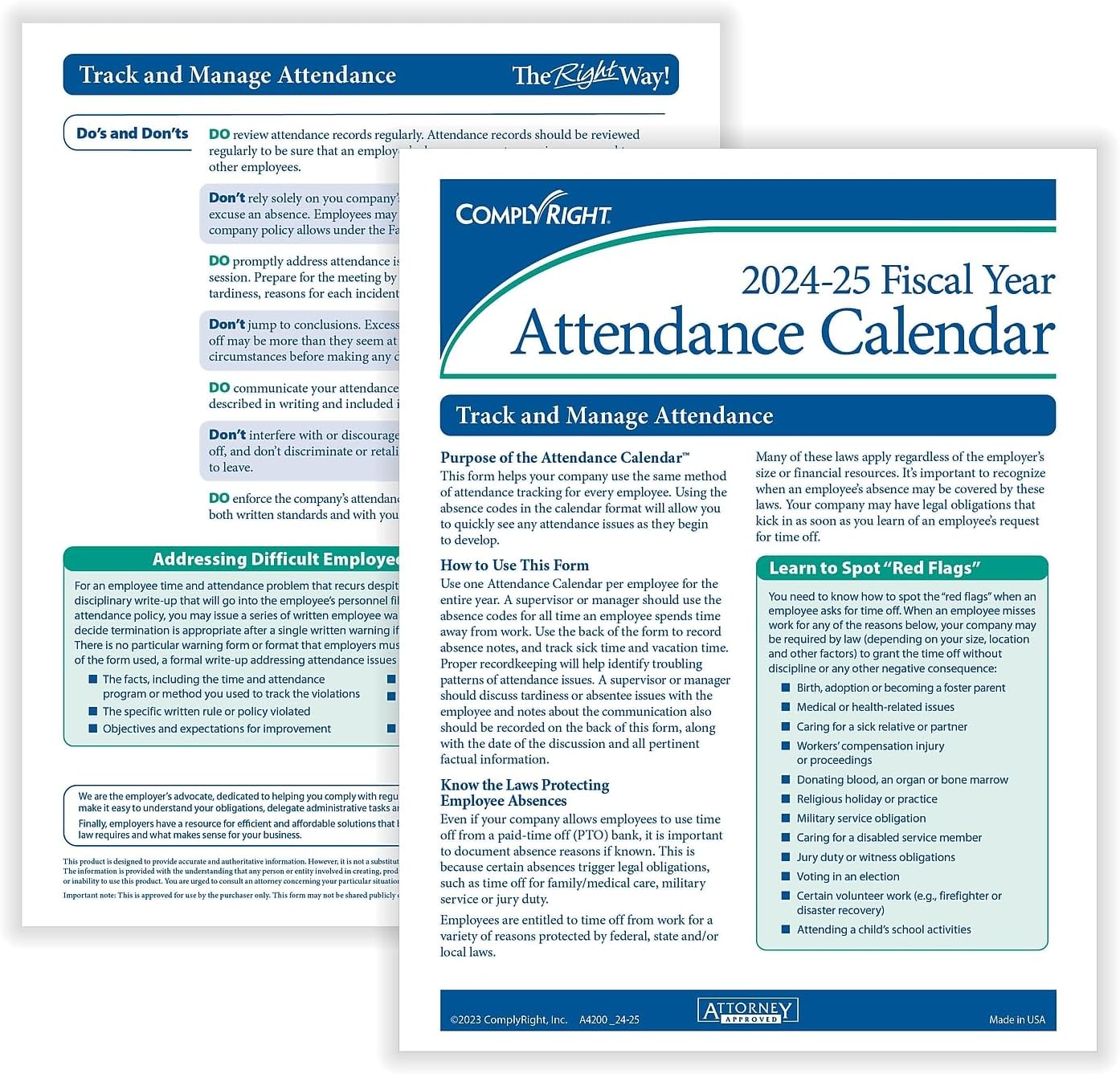 ComplyRight 2025-2026 Fiscal Attendance Calendar, 8 1/2in x 11in, Pack Of 50