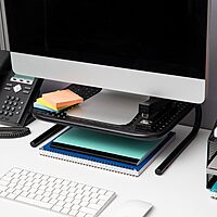 Mind Reader Metal Monitor Stand Ventilated Laptop Riser Desktop Organizer, 4-1/4inH x 11-1/4inW x 14-1/2inD, Black, Set of 2