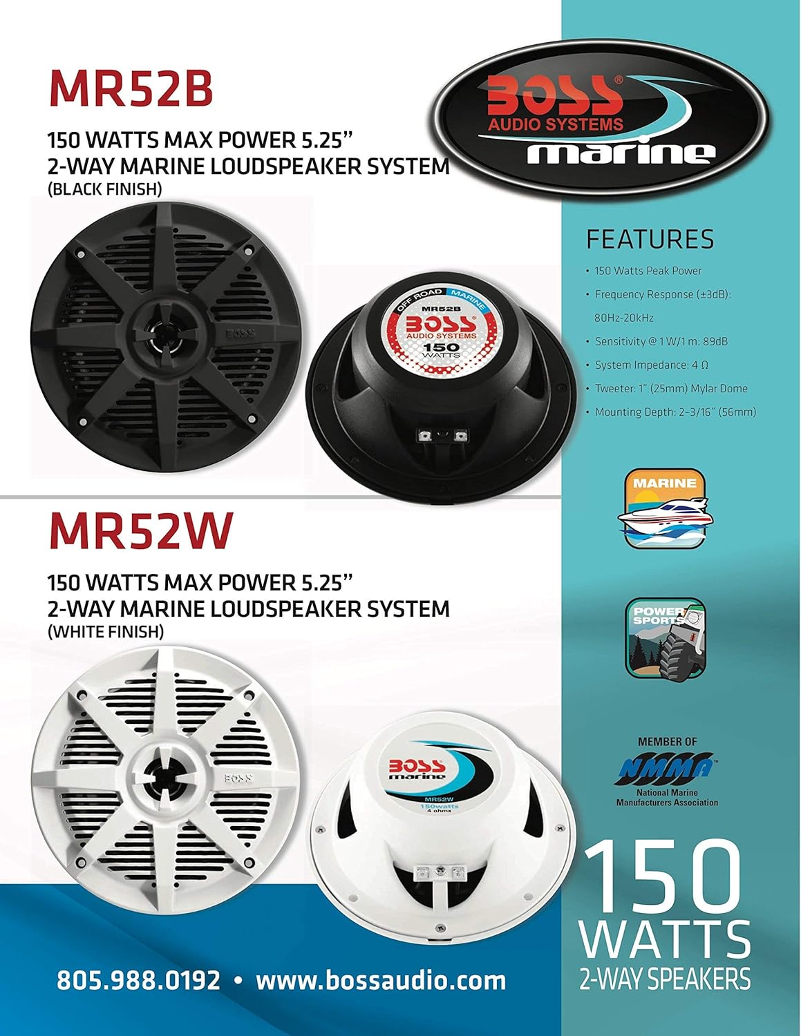 BOSS Audio Systems MR52B 5.25 inch Marine Boat Stereo Speakers - 150 Watts (per Pair), Coaxial, 2 Way, Full Range, 4 Ohms