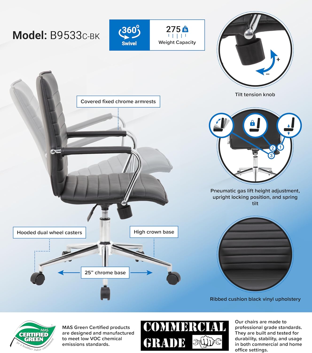 Boss Office Products Sleek Ribbed Vinyl Task Chair, Black