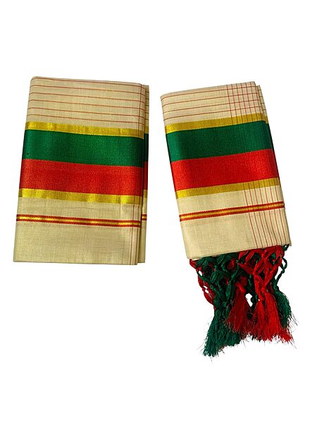 Women's Kuthampully Kerala Kasavu Set mundu Tissue with Kunjam | Kerala Tissue set mundu latest collections | Kuthampully Stripe Kasavu set mundu - Multi Color KTM-902 (Red)