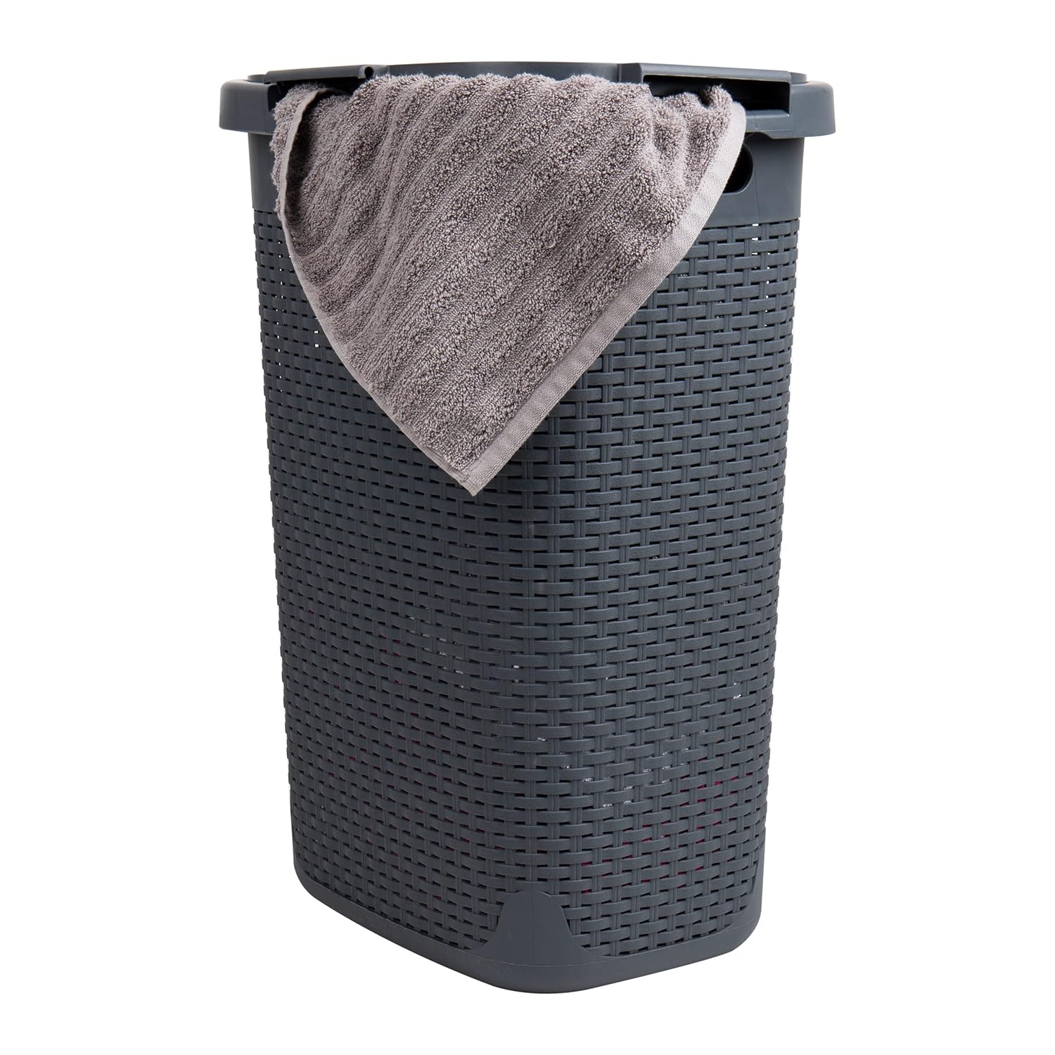 MIND READER Slim Laundry Hamper with Lid, 60L Wicker-Style Plastic