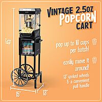 Nostalgia Popcorn Maker Machine - Professional Cart With 2.5 Oz Kettle Makes Up to 10 Cups - Vintage Popcorn Machine Movie Theater Style - Black Vintage Black