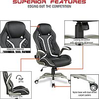 OSP Home Furnishings Xplorer 51 Ergonomic Adjustable High Back Gaming Chair with Lumbar Support and Padded Flip Arms, Black Faux Leather with White Trim