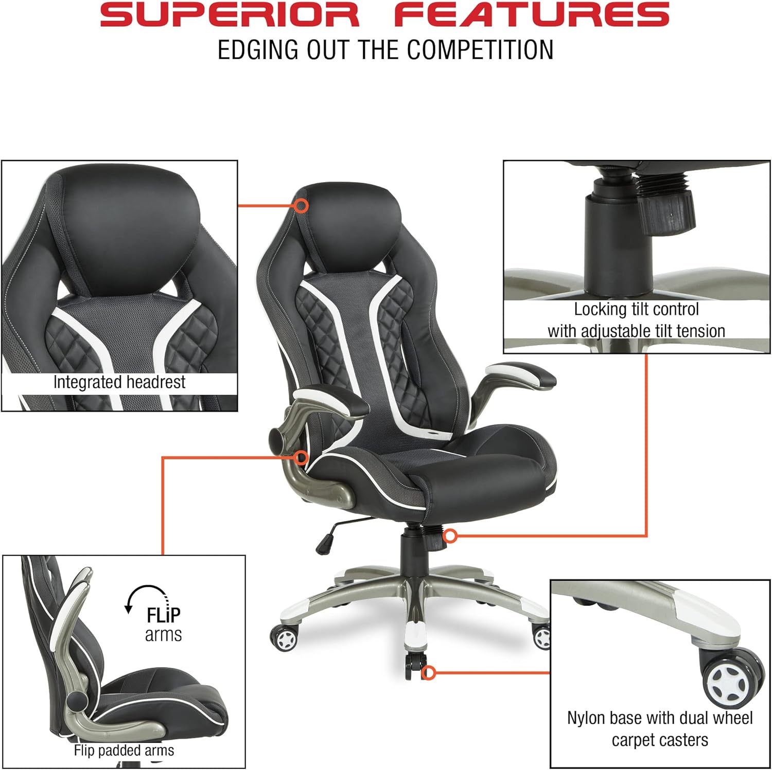 OSP Home Furnishings Xplorer 51 Ergonomic Adjustable High Back Gaming Chair with Lumbar Support and Padded Flip Arms