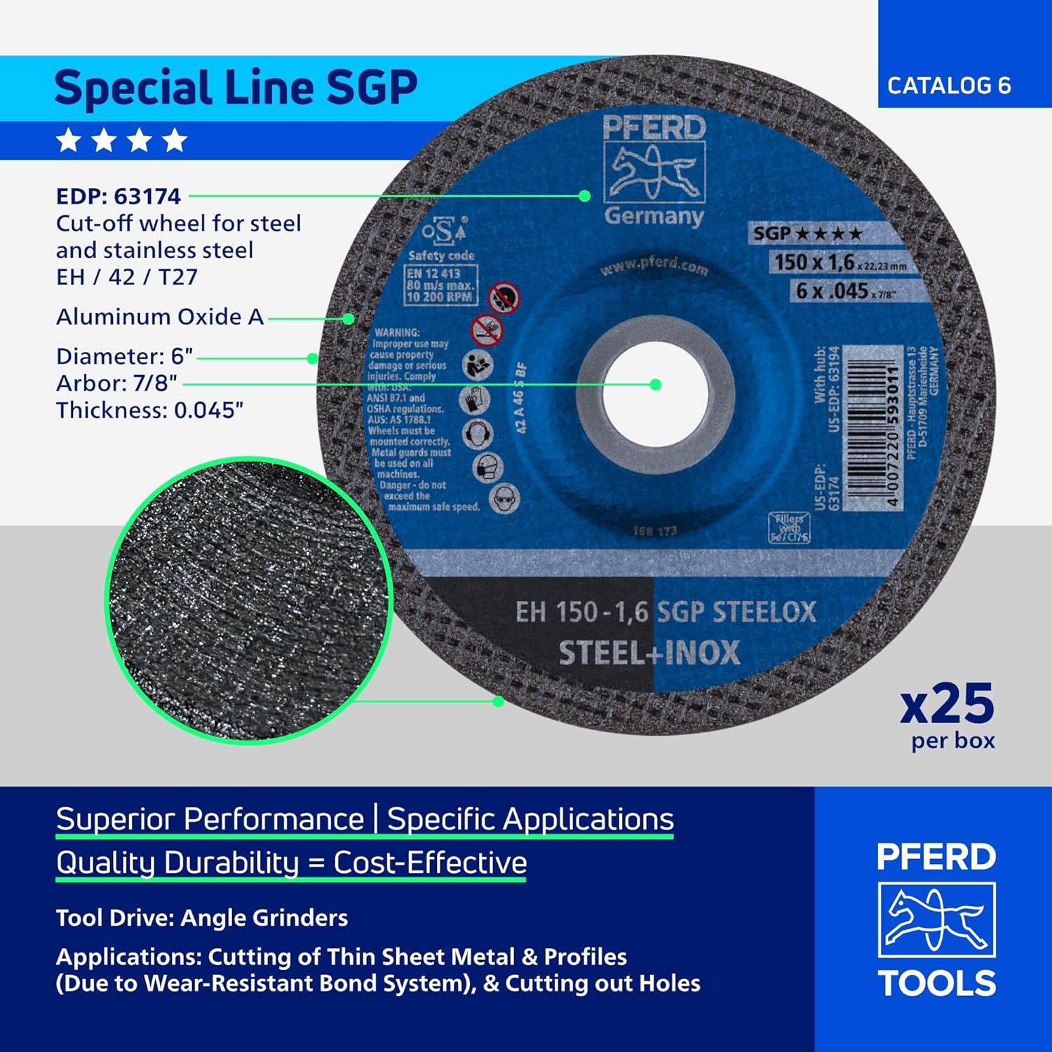PFERD 63174 6" x .045" Cut-Off Wheel, 7/8" AH A 46 S SGP-INOX - Type 27 (25pk)