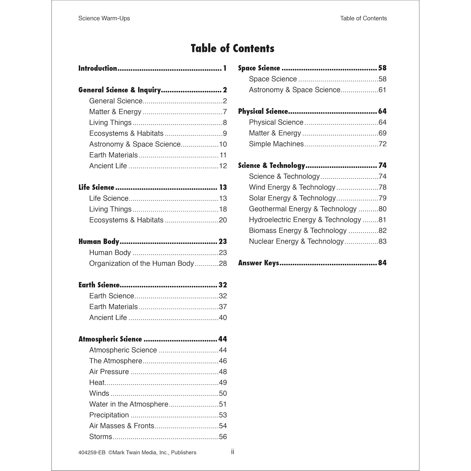 Mark Twain Science Warm-Ups Activity Book, Workbook for Grades 5 and Up, Space, Technology, Earth, Life, Anatomy, Physics