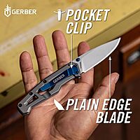 Gerber Gear Paralite Folding Pocket Knife, Lightweight Steel Construction with Pocket Clip, Plain Edge Blade, EDC Gear, Blue Modern