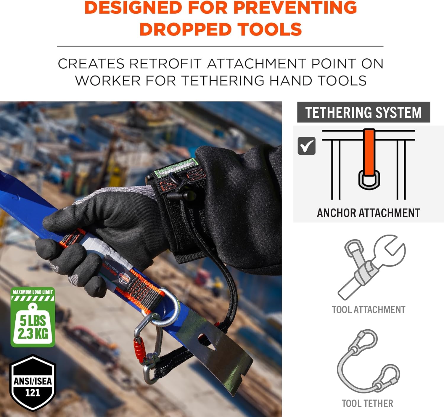 Ergodyne Squids 3123 Tool Wristband with D-Ring Tool Lanyard Tethering Attachment Point, Tool Weight Rating 5lbs