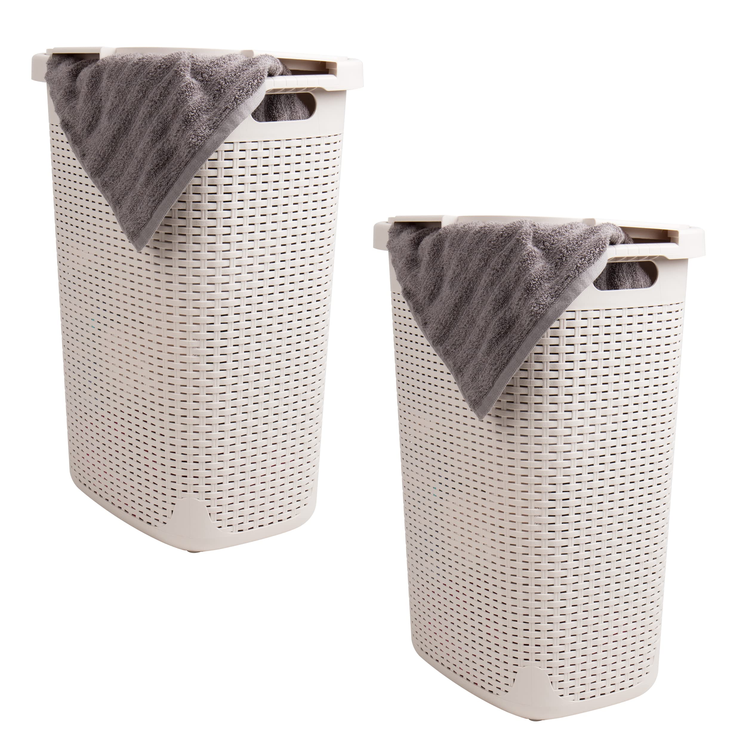 MIND READER Slim Laundry Hamper with Lid, 60L Wicker-Style Plastic