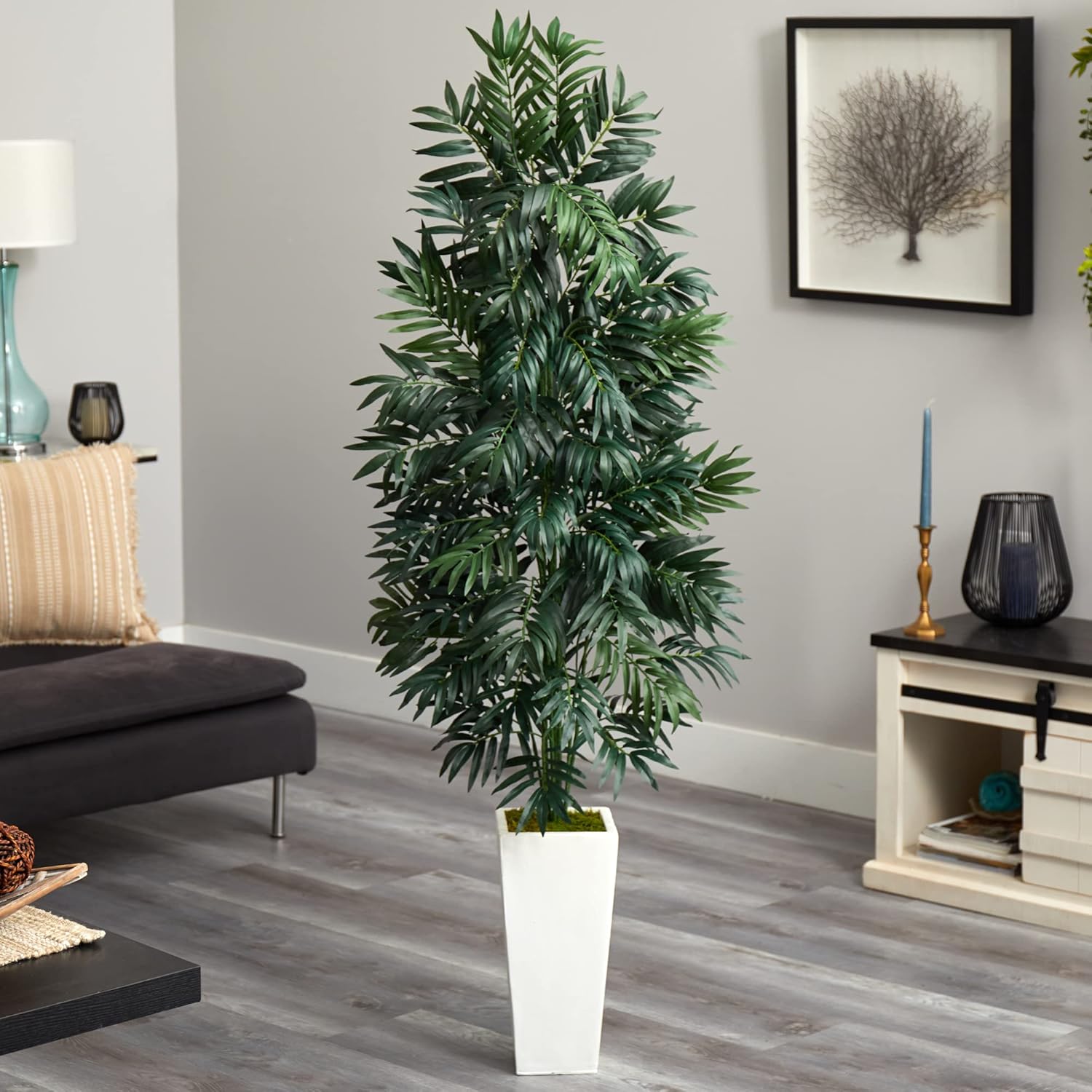Nearly Natural 5ftH Bamboo Palm Artificial Plant With Planter, 60inH x 20inW x 20inD, White/Green