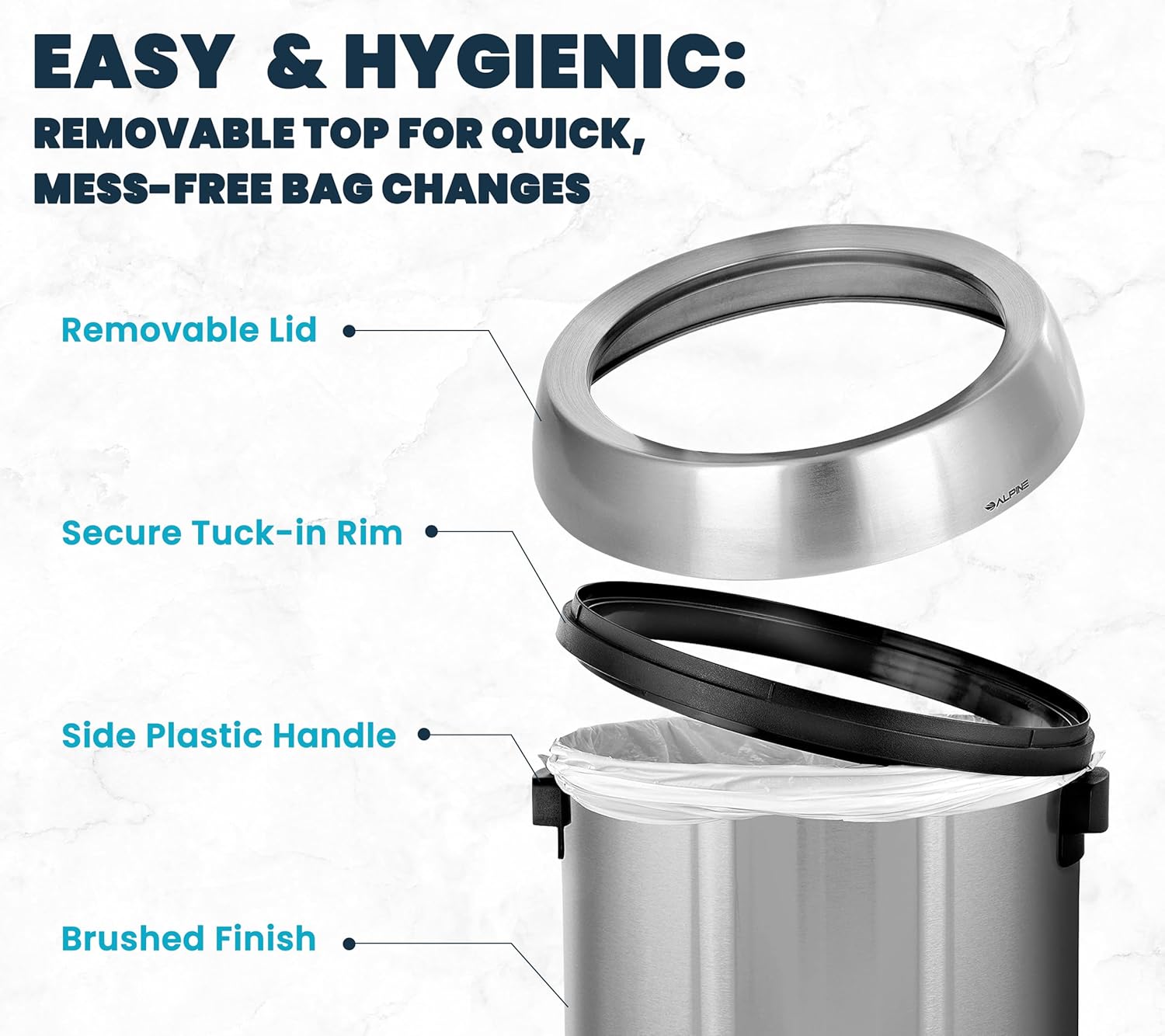 Alpine 17 Gallon Stainless Steel Open Top Trash Can – Commercial-Grade, Corrosion-Resistant, Brushed Finish