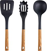 Megachef Nylon Tool Cookware Utensil Set, 7 Piece, Black and Wood Texture