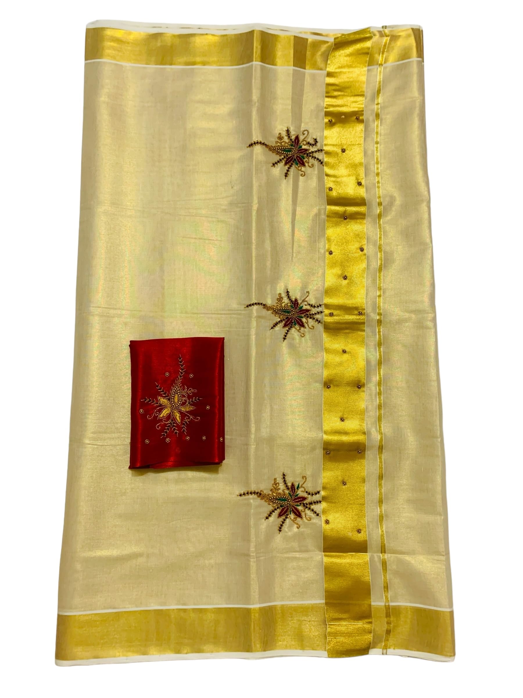 Kuthampully Kerala Kasavu Sarees For Women | Handcrafted Aari work Kerala Sarees | Tissue Onam Saree With Running Blouse | South Indian Sarees | Onam Saree EKM-835 (Maroon)