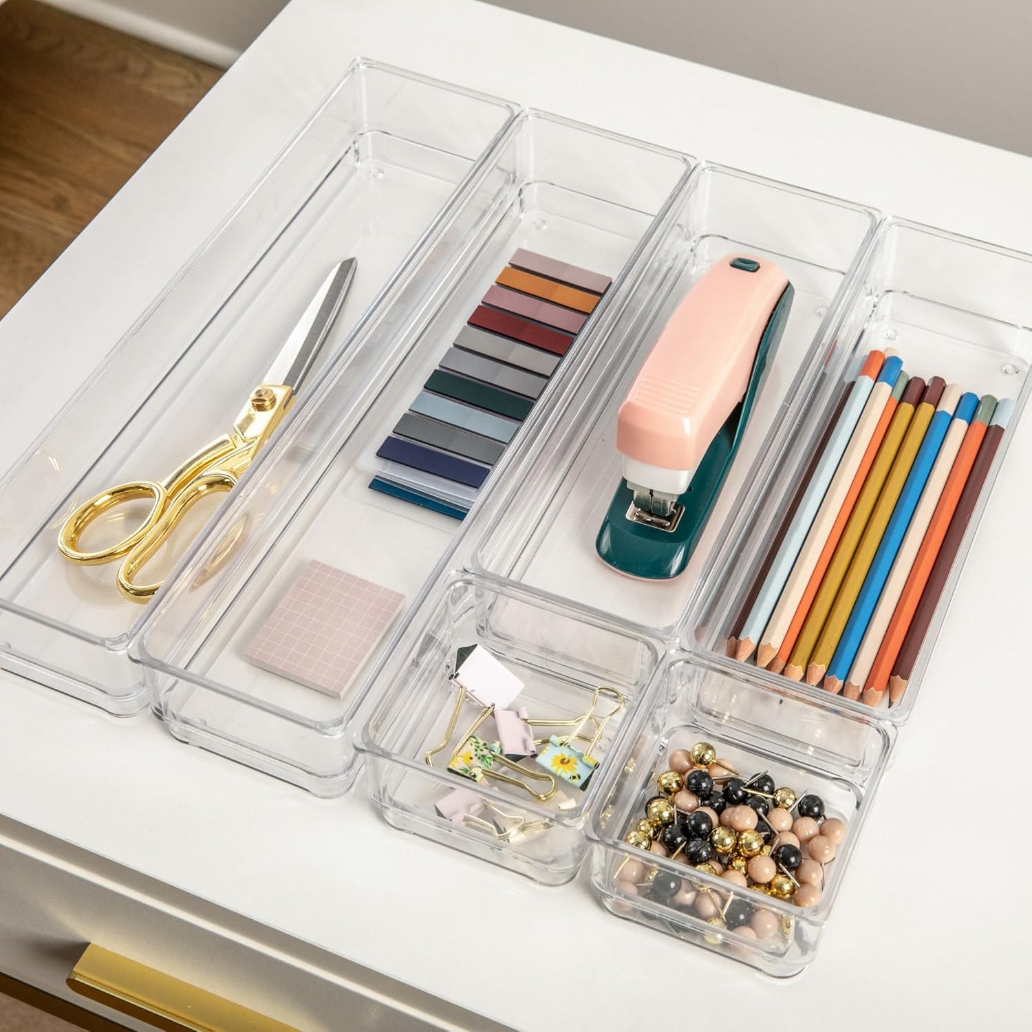 Martha Stewart Plastic Stackable Office Desk Drawer Organizers, Set of 6