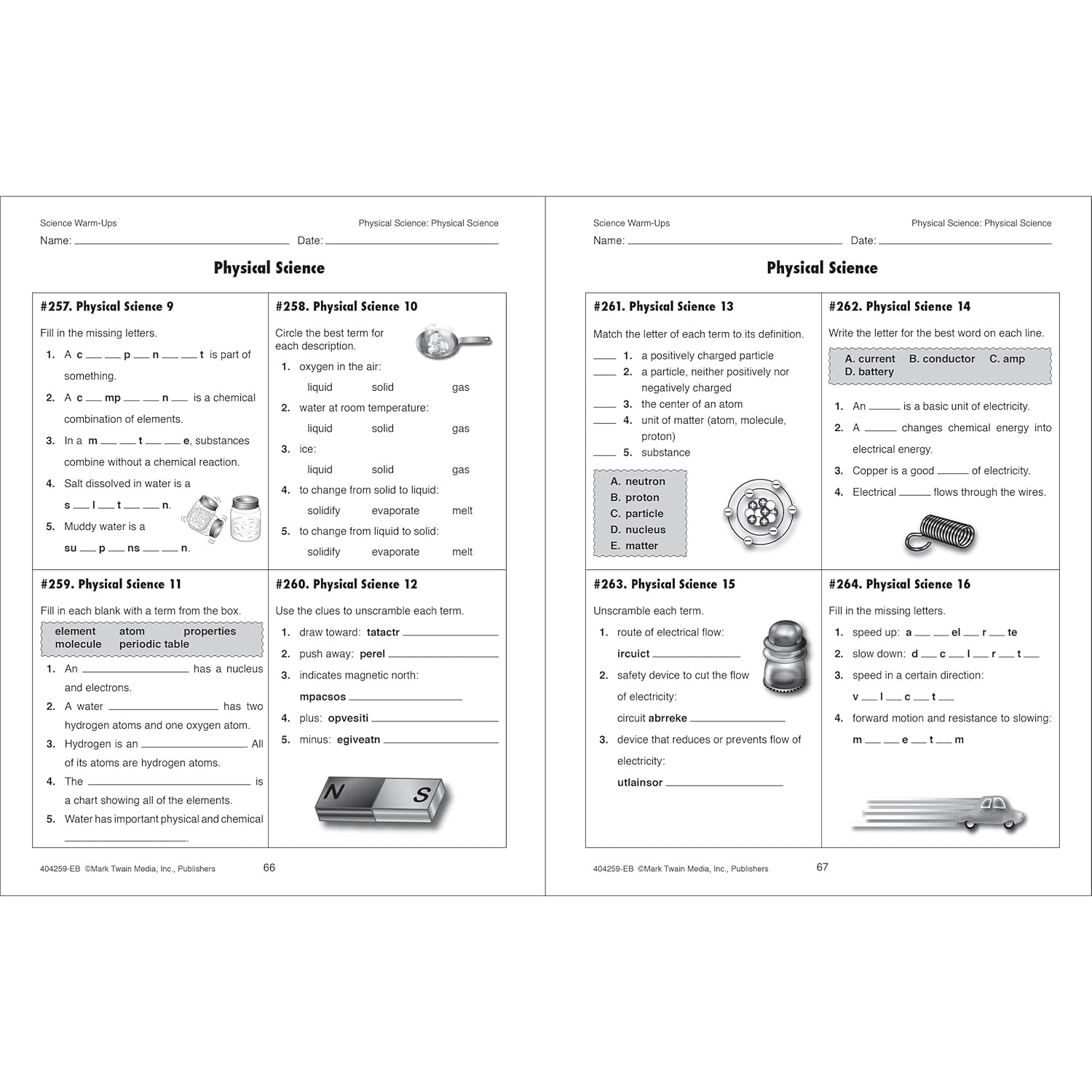 Mark Twain Science Warm-Ups Activity Book, Workbook for Grades 5 and Up, Space, Technology, Earth, Life, Anatomy, Physics