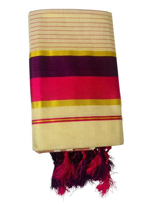 Women's Kuthampully Kerala Kasavu Set mundu Tissue with Kunjam | Kerala Tissue set mundu latest collections | Kuthampully Stripe Kasavu set mundu - Multi Color KTM-902 (Pink)