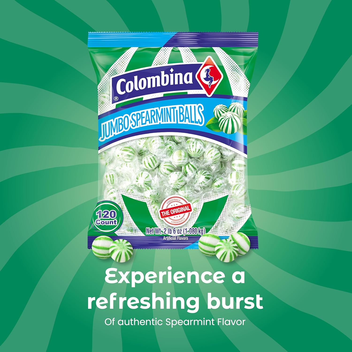 Colombina Jumbo Spearmint Balls, Individually Wrapped Natural Spearmint Flavored Candy, Ideal for Halloween and Christmas