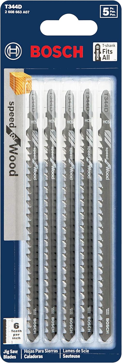 BOSCH T344D 5-Piece 6 In. 6 TPI Speed for Wood T-Shank Jig Saw Blades