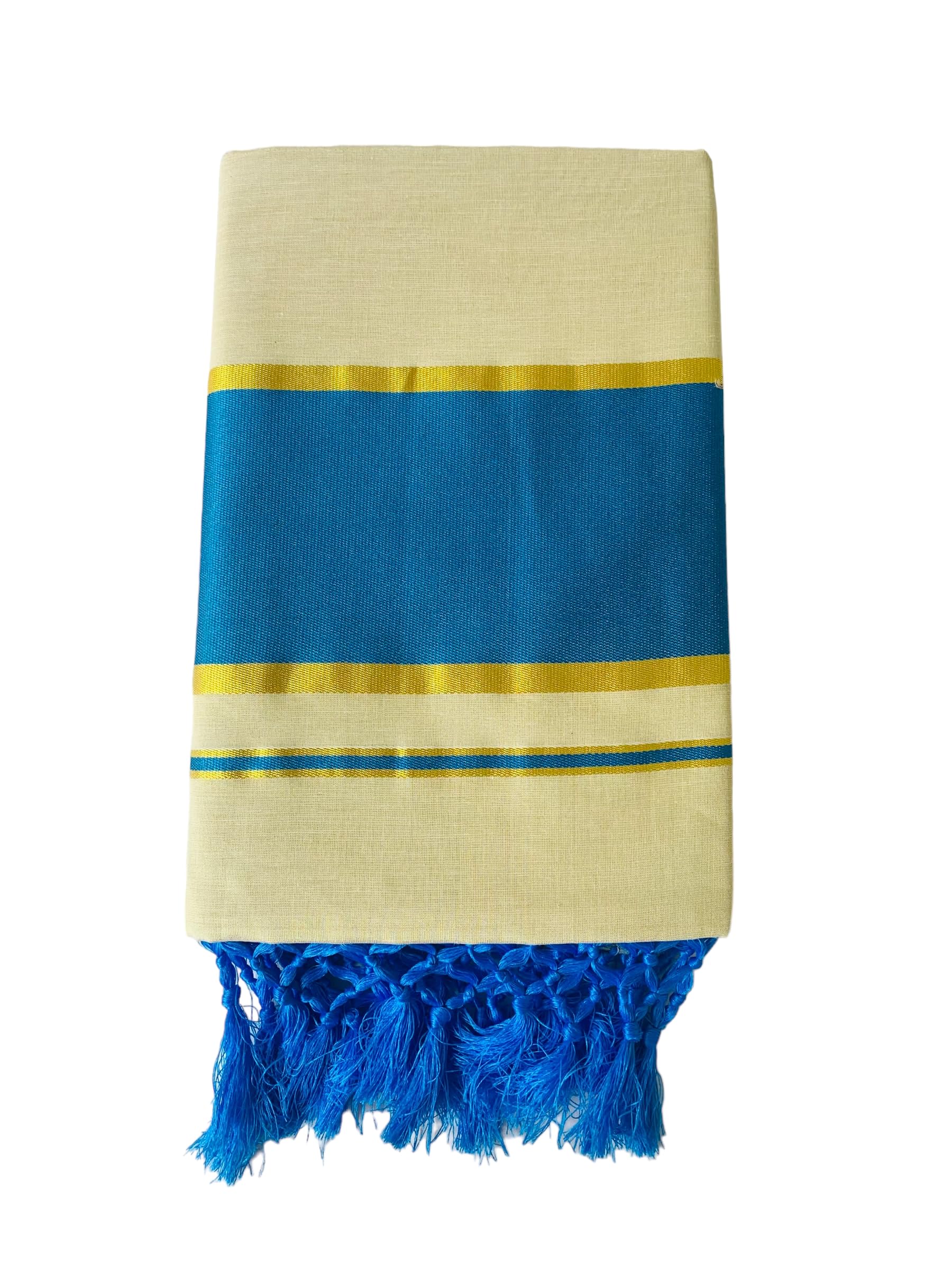 ALLUVY Kuthampully Kerala Saree |Traditional South Indian Sarees |Onam Tissue Kasavu Saree |Authentic South Cultural Sarees | Women's Plain Zari Kasavu |EKM-778 Pack -1 (Light Blue)