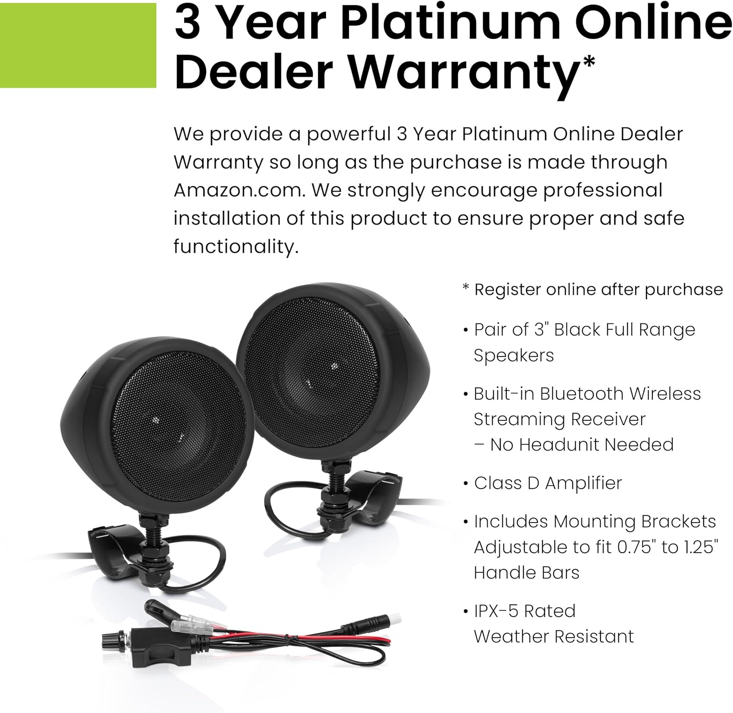 BOSS Audio Systems MCBK425BA 3 Inch Motorcycle Speakers – Built-in Bluetooth Amplifier, Weatherproof, Volume Control