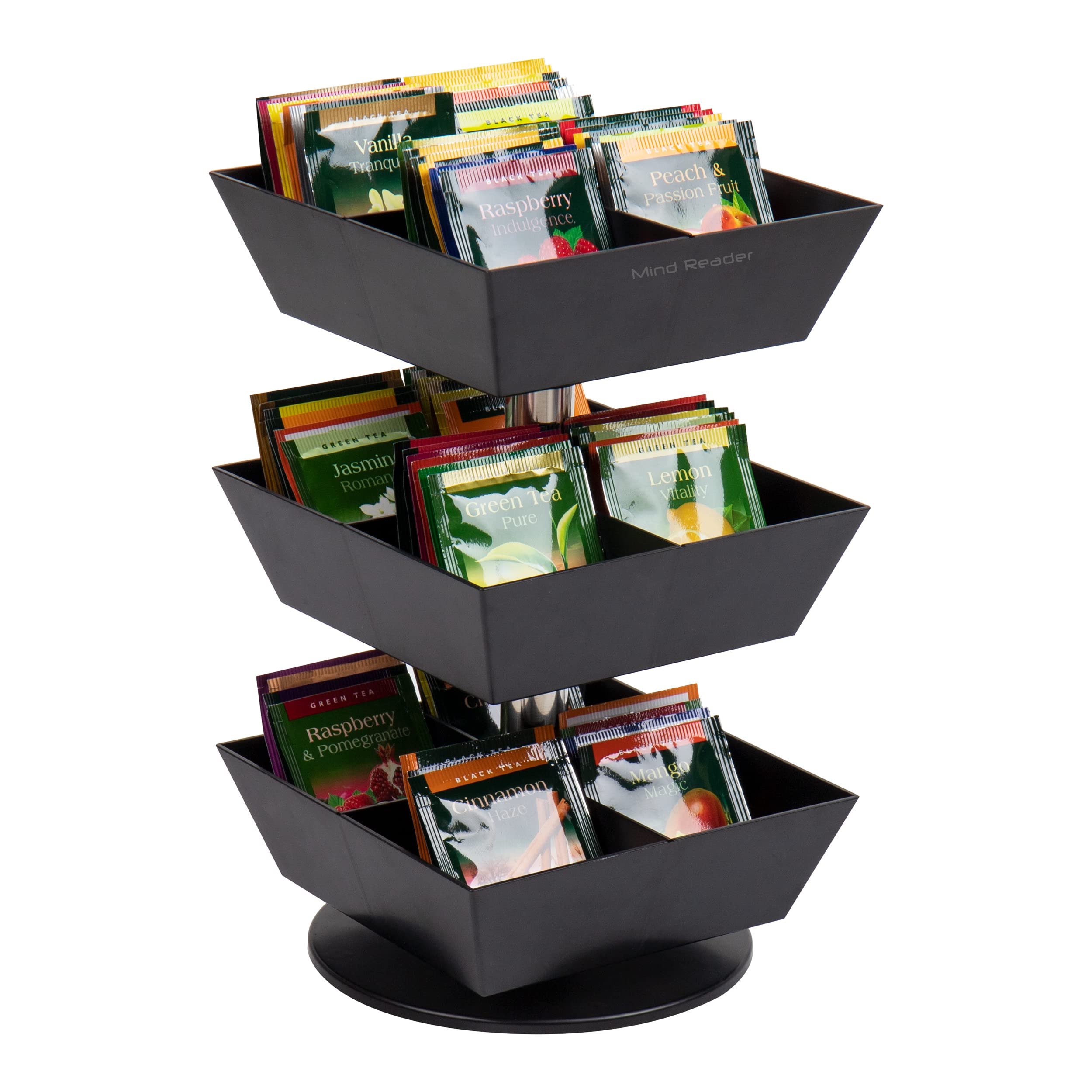 Mind Reader Tea Bag Carousel, 3-Tier 12-Compartment Countertop Organizer, 6.75" L x 6.75" W x 11.5" H, Black