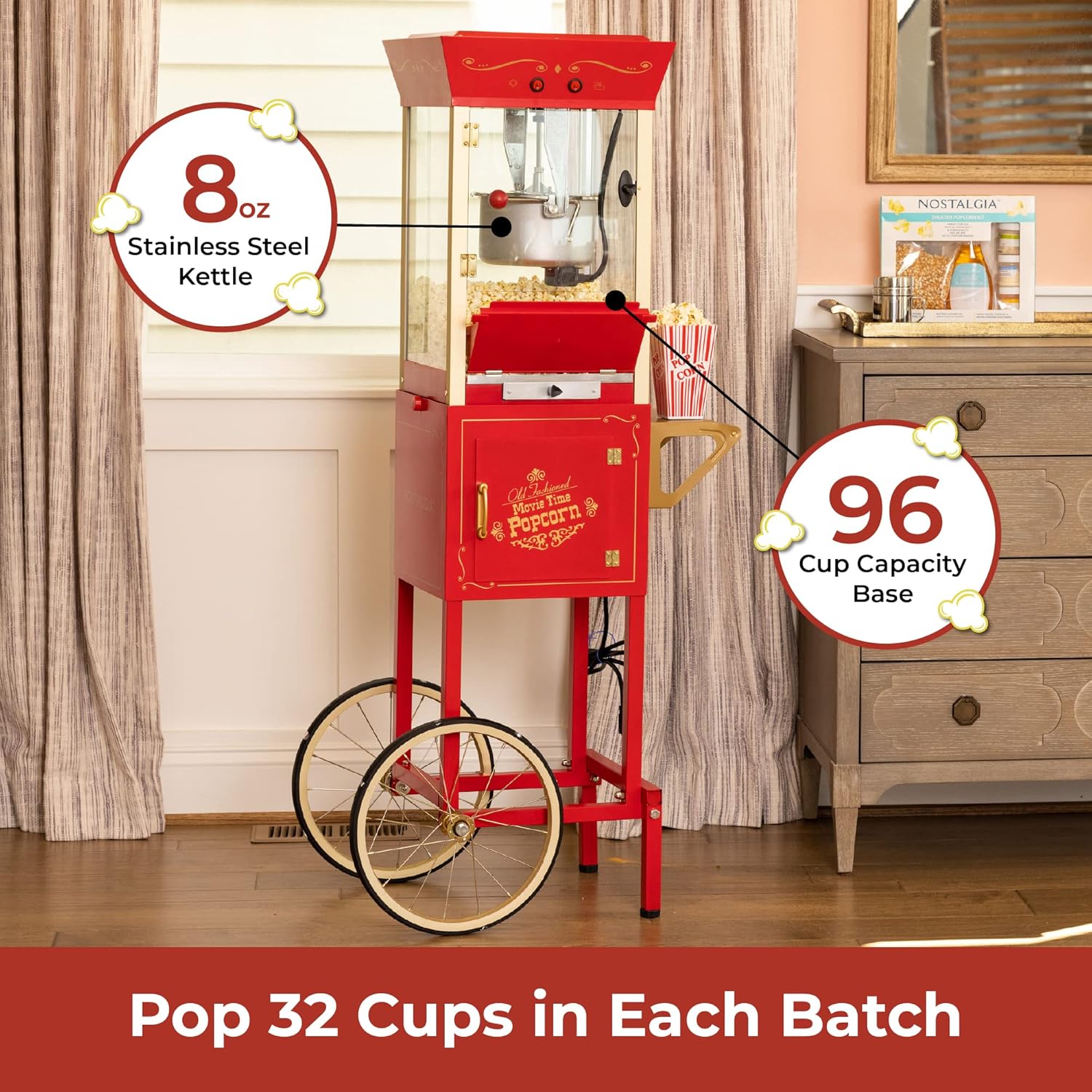 NOSTALGIA Vintage-Style Professional Popcorn Cart with 8 oz Kettle