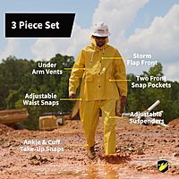 ONGUARD Sitex 3 Pc Rain Suit, 100% Waterproof PVC, Yellow, Size L