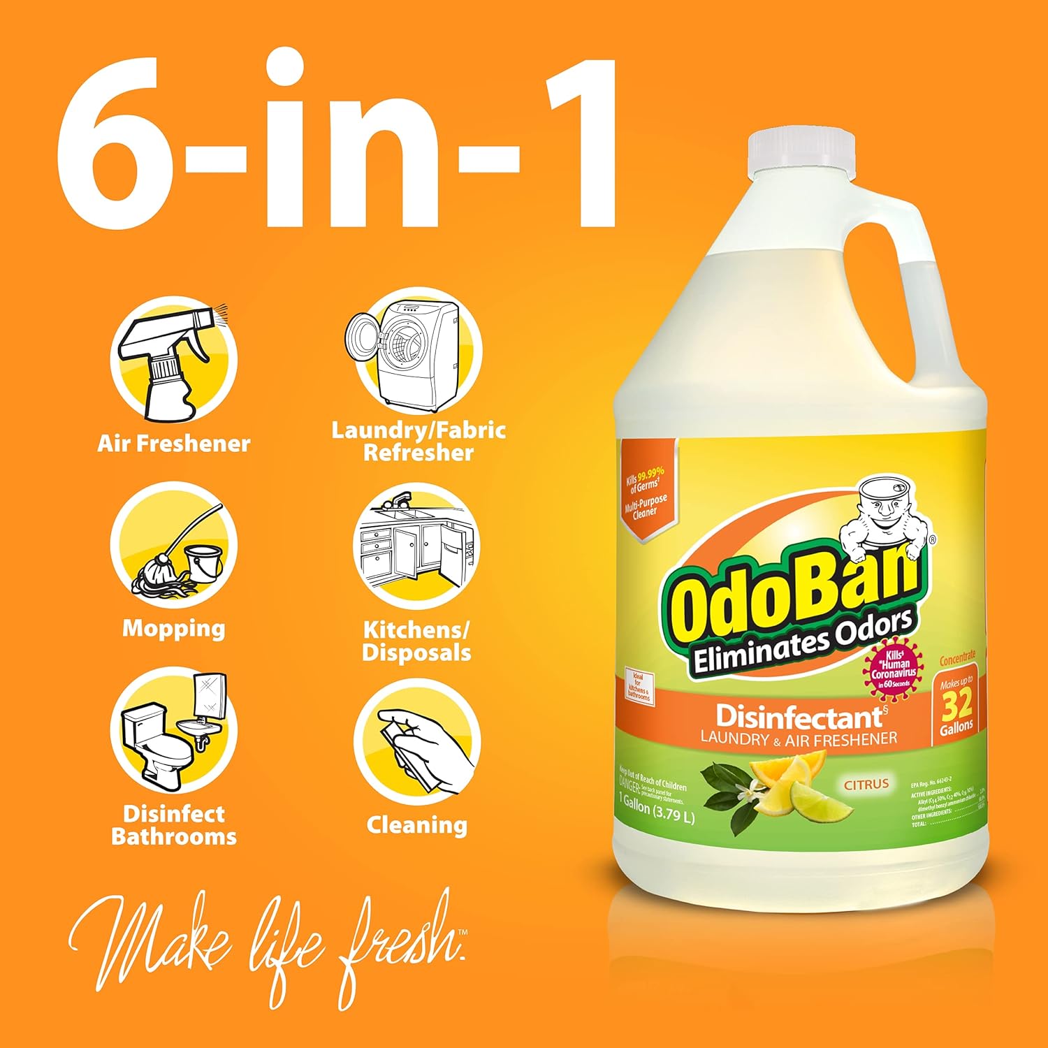 OdoBan Disinfectant Concentrate and Odor Eliminator, 1 Gallon, Citrus Scent 1 Count (Pack of 1)