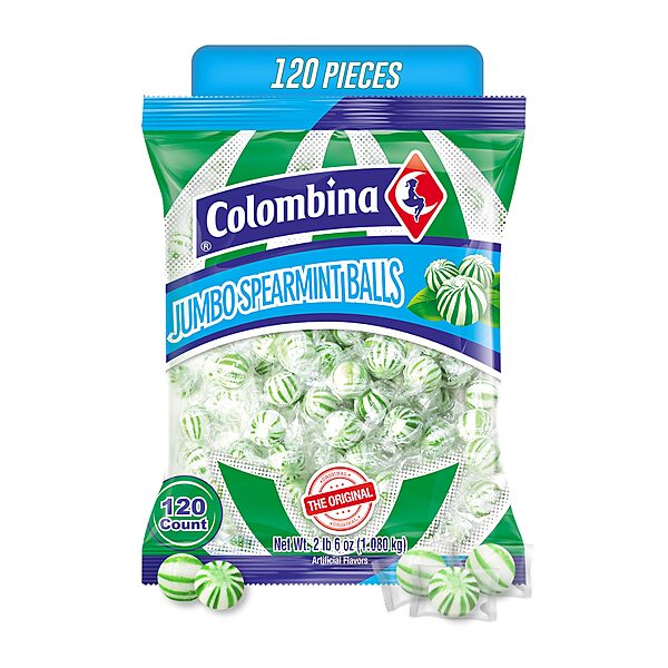 Colombina Jumbo Spearmint Balls, Individually Wrapped Natural Spearmint Flavored Candy, Ideal for Halloween and Christmas, 2.4 lbs (120 Count) Hard Spearmint Balls - 1 Pack - 120 Count
