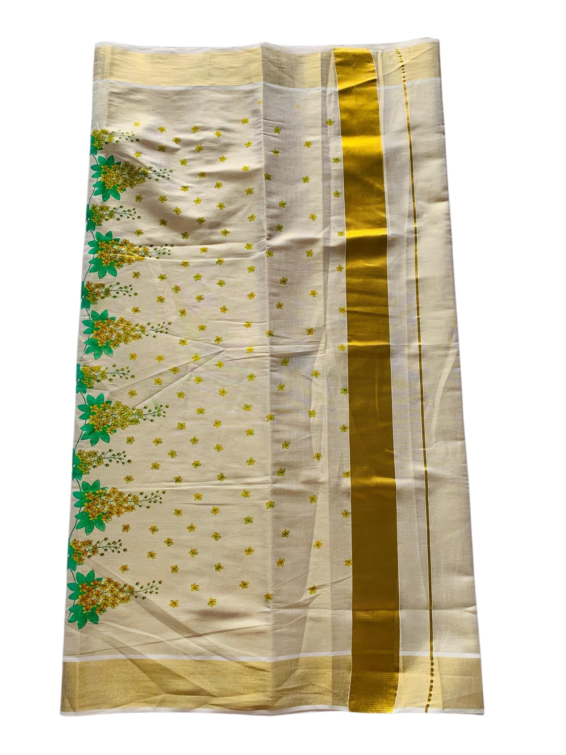 Women's Kuthampully Kerala Kasavu Saree with Running Blouse Tissue Mural hand Printed Vishu Kanikonna EKM-868