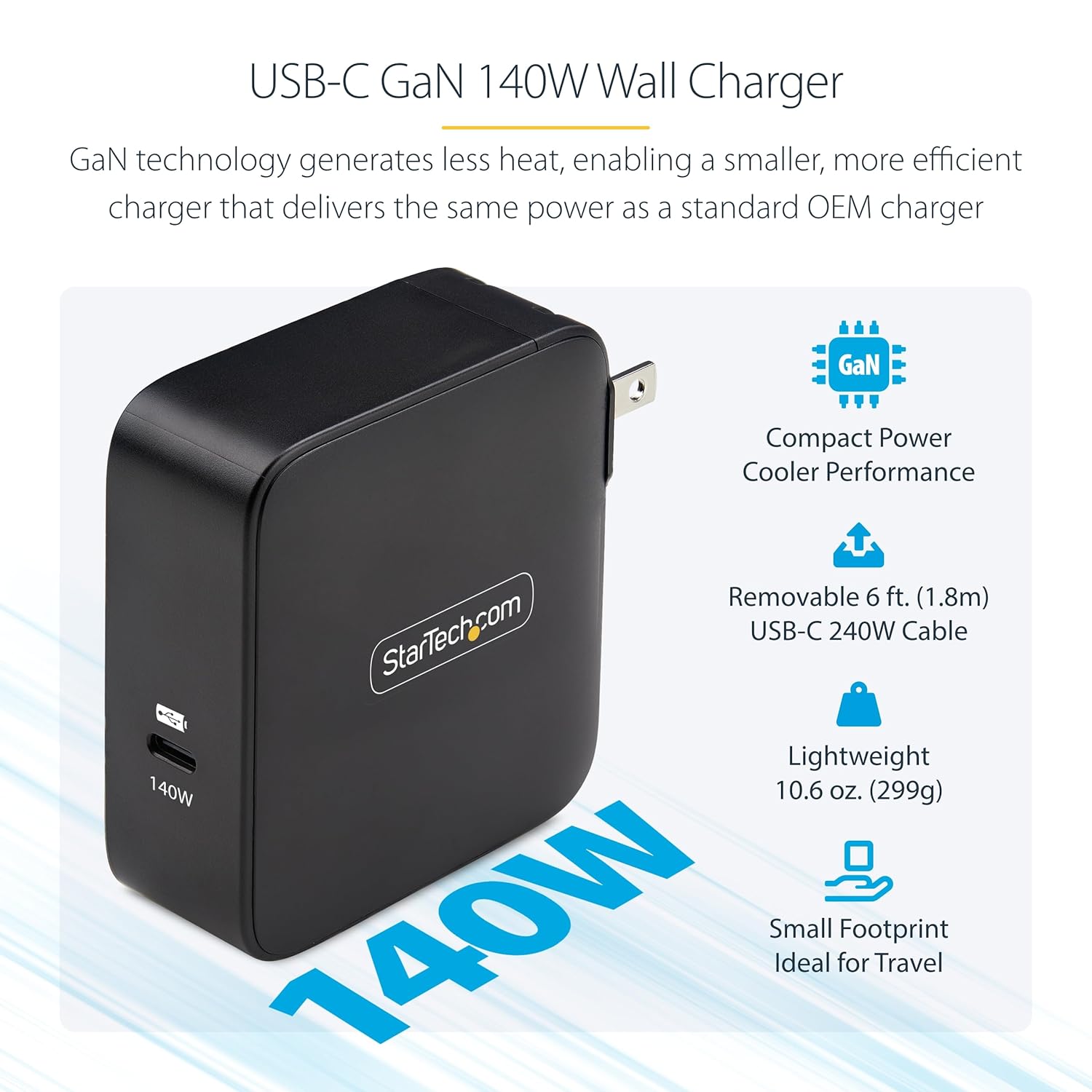 StarTech.com 140W USB-C Wall Charger, USB-IF Certified, Single USB-C, PD 3.1 Portable GaN Charging