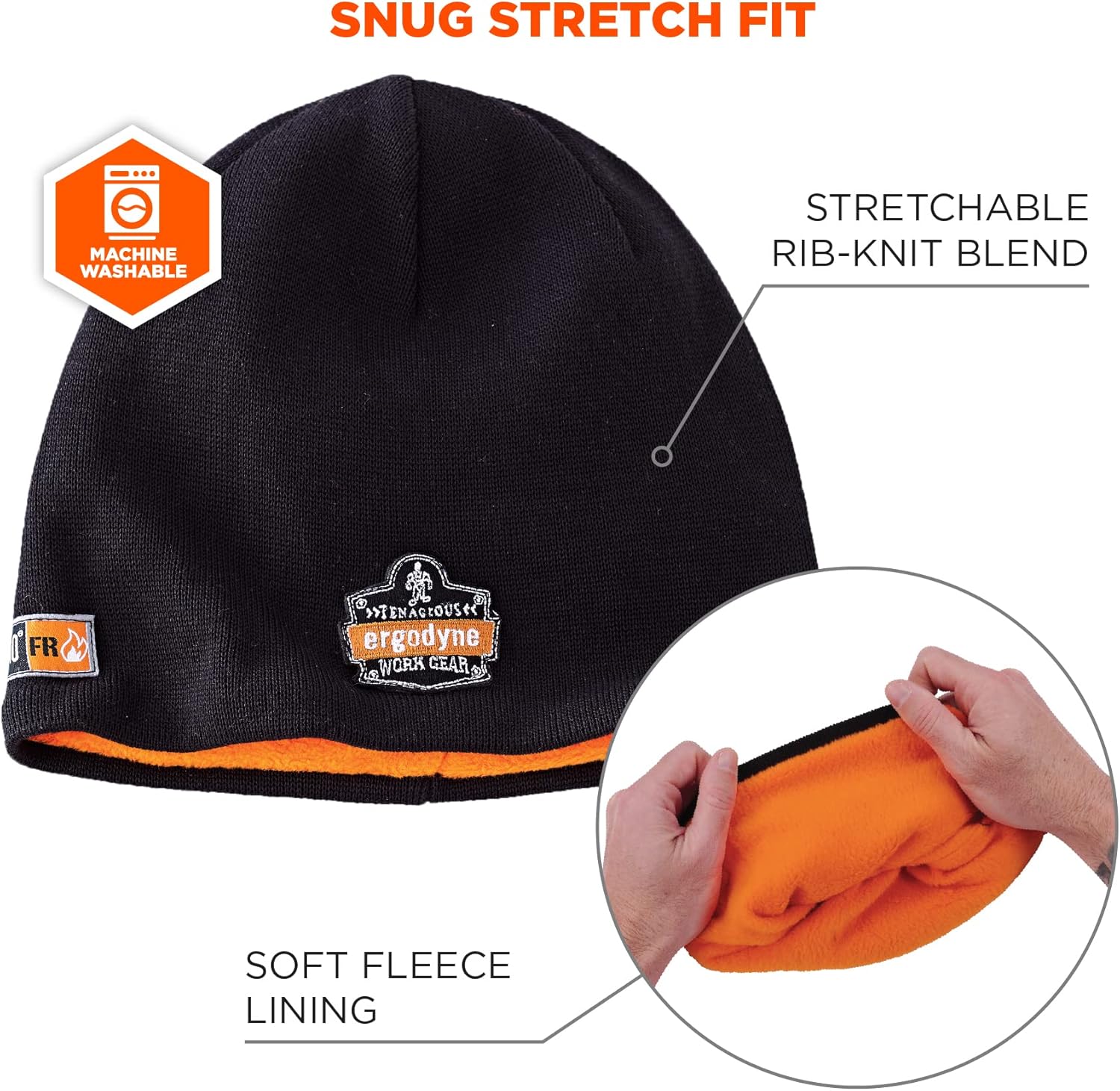 Ergodyne N-Ferno 6820 Fire Resistant Thermal Knit Beanie Cap, Black Black/Orange Cap