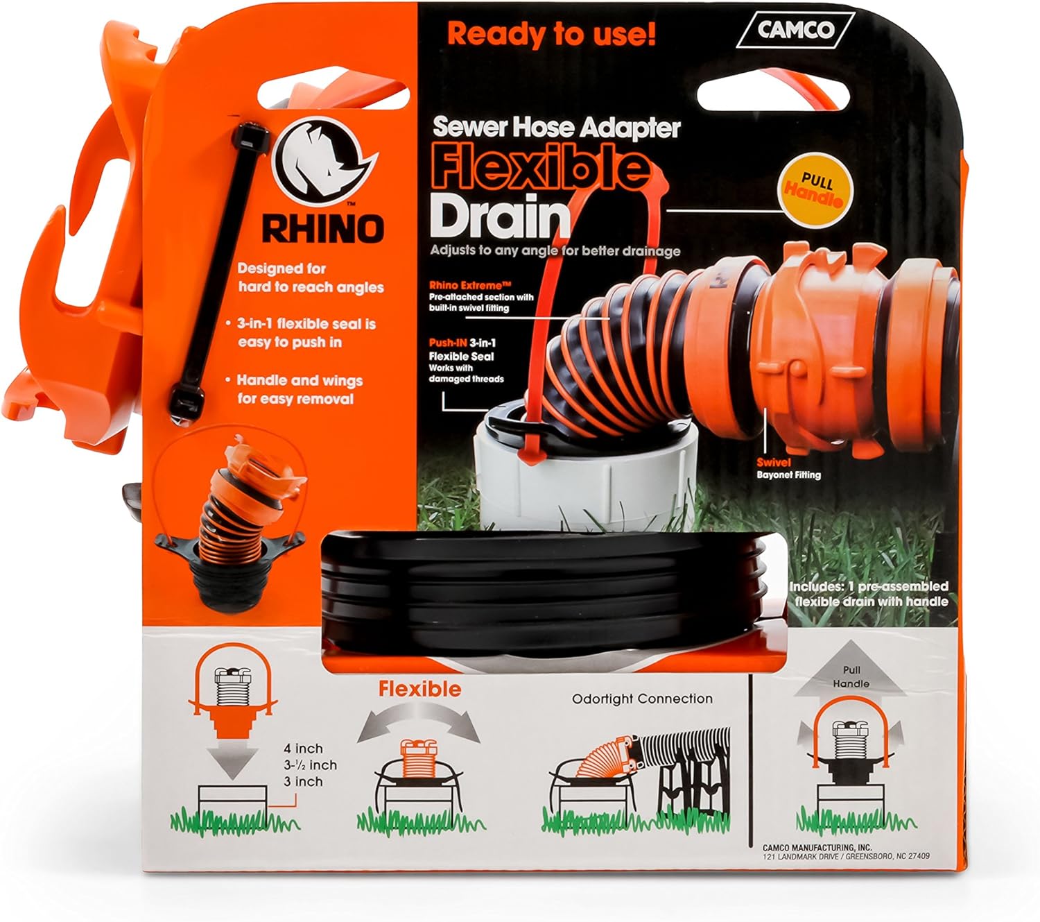 Camco 39319 Flexible 3-in-1 Sewer Hose Seal with RhinoExtreme Hose and Handle- Flexible Fitting Makes Connection to a Sewer