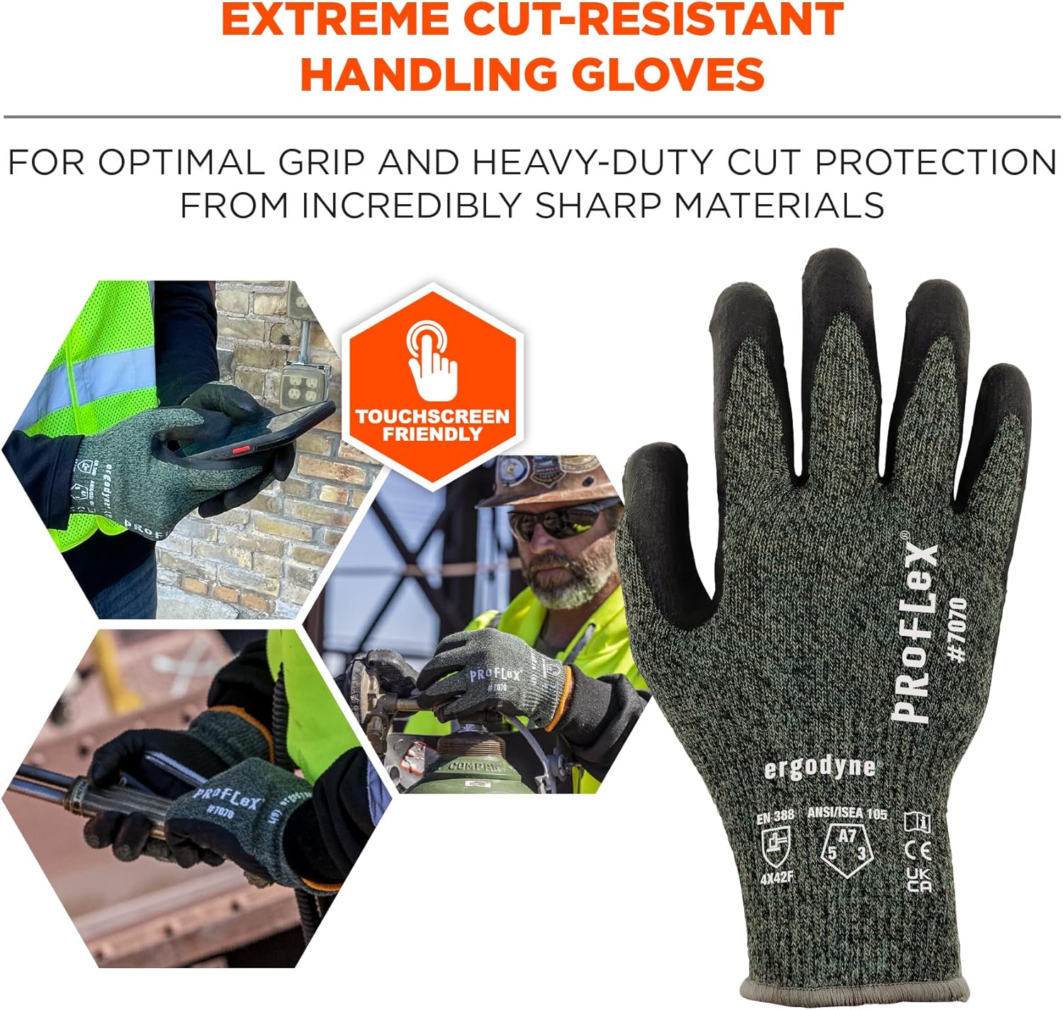 ERGODYNE ProFlex 7070 Cut Resistant Work Gloves, Sandy Nitrile Coated Palms, 13-Gauge Aramid