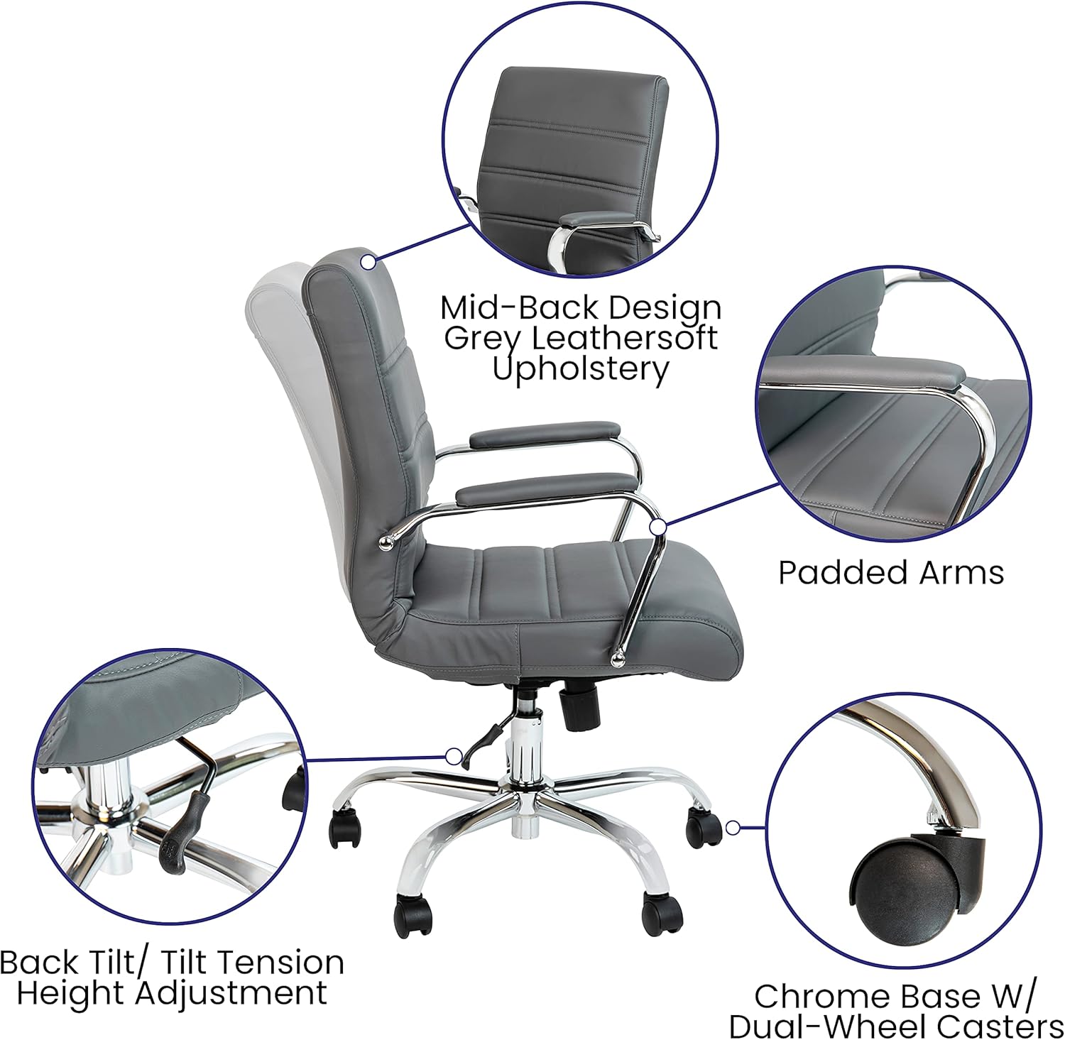 Flash Furniture Whitney Mid-Back Swivel LeatherSoft Desk Chair with Padded Seat and Armrests