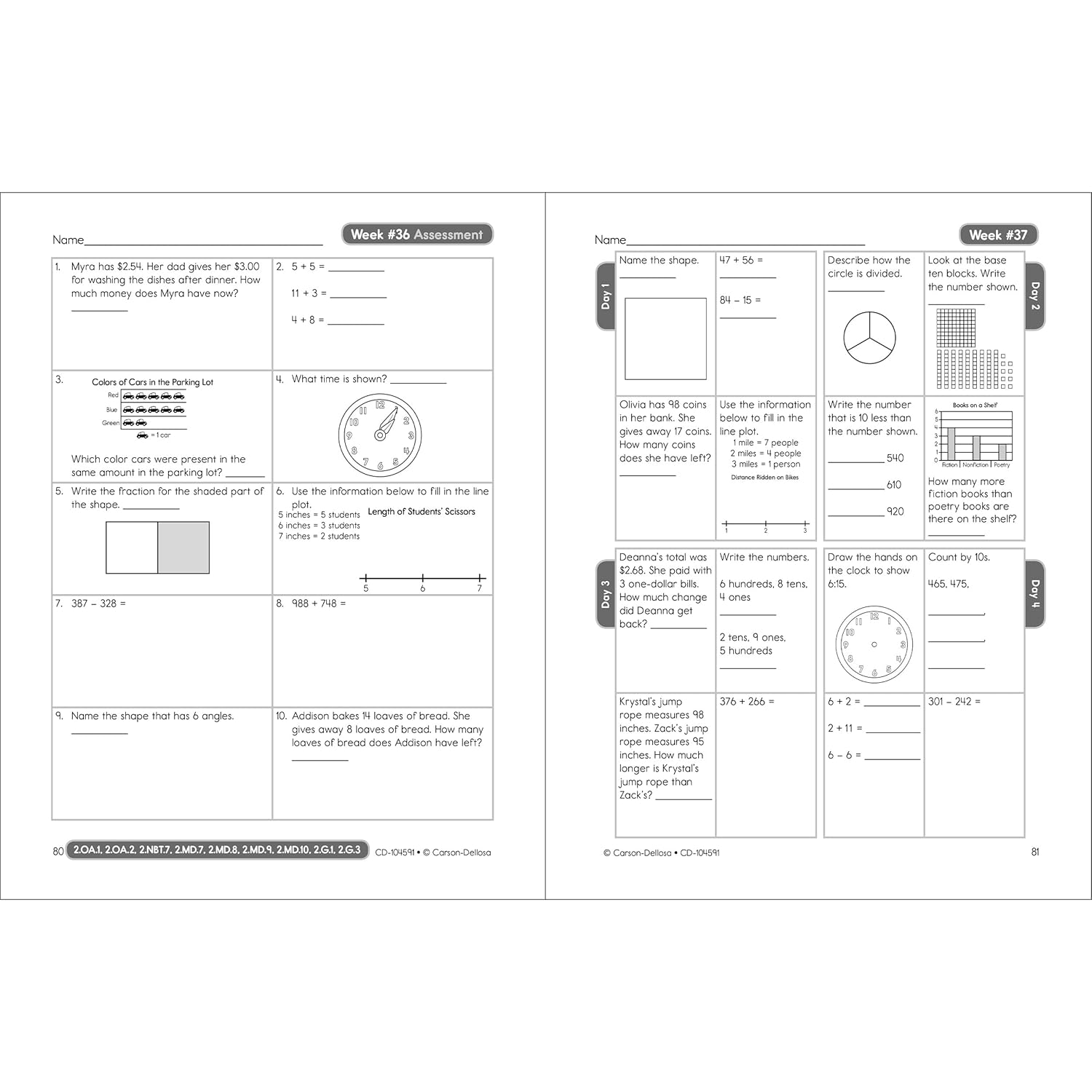 Carson Dellosa Common Core Math 4 Today Second Grade Workbook, Telling Time, Fractions, Addition, Subtraction