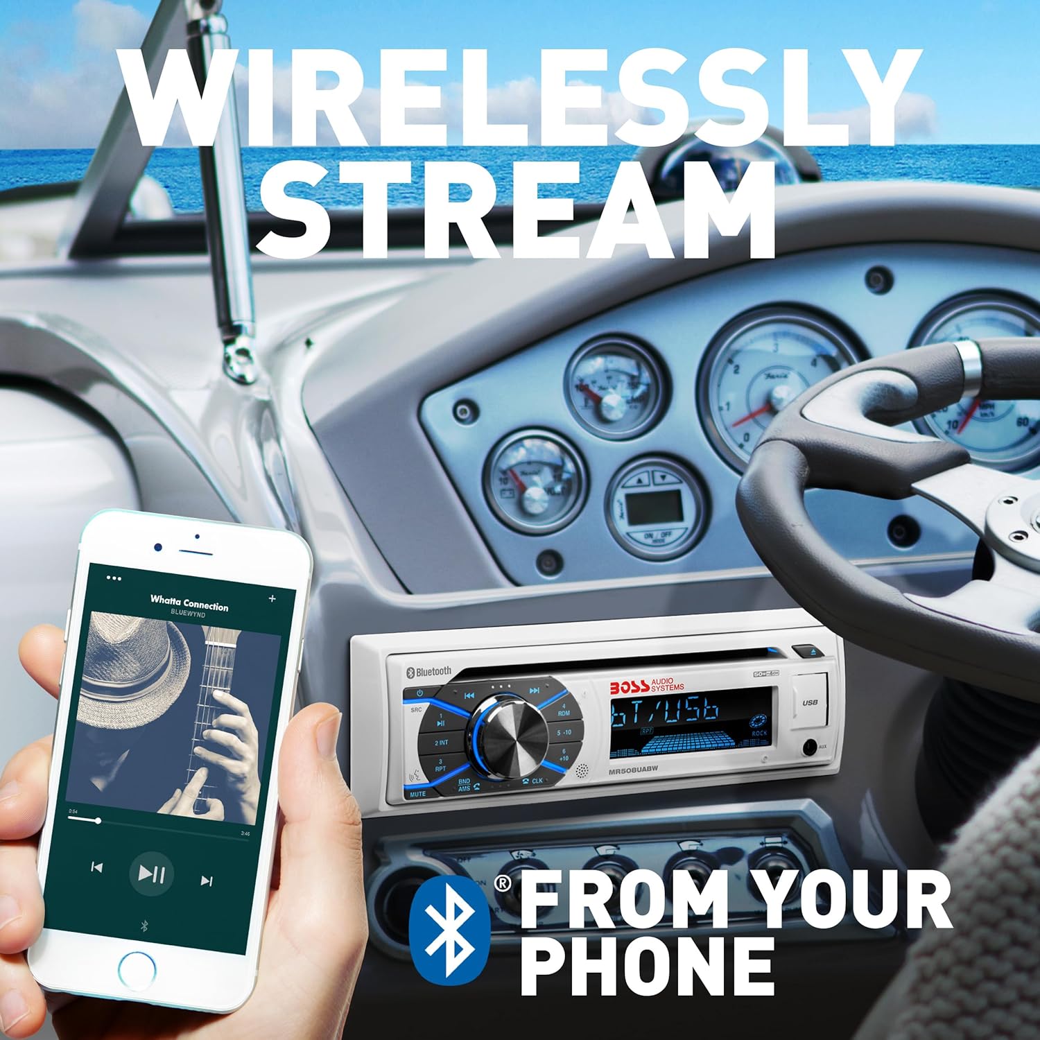 BOSS Audio Systems MR508UABW Marine Boat Stereo - Single Din, Bluetooth Audio and Calling Head Unit, AM/FM Radio Receiver